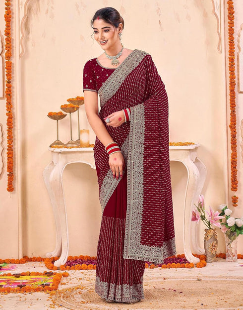Vasthrlay Womens Embroidered Unstitched Maroon Saree