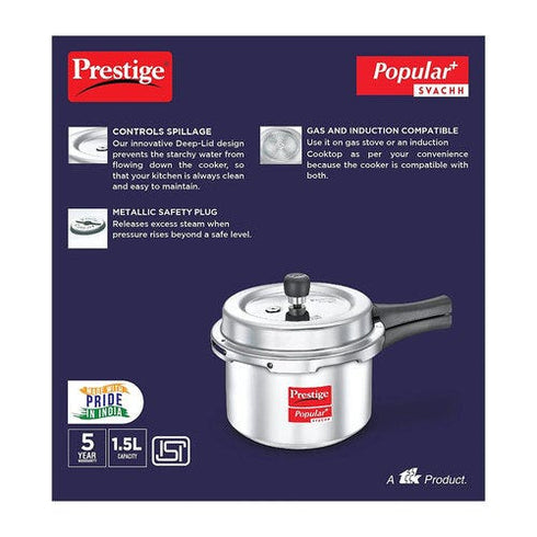 Prestige Popular Plus Svachh Virgin Aluminium Spillage Control Pressure Cooker Silver 2 L