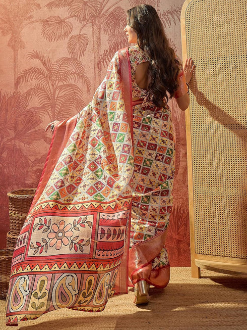 Vasthrlay Printed Jacquard Multicolour Saree With Unstitched Blouse Piece