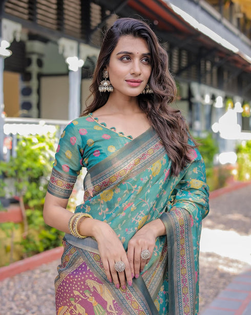 Vasthrlay Handloom Turquoise Traditional Saree