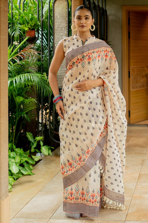 Vasthrlay Fashion Assamese Digital Cream Ethnic Wear