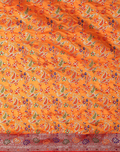 Vasthrlay Womens Banarasi Yellow Saree With Red Unstitched Blouse Piece