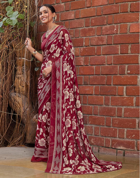 Vasthrlay Georgette Printed Maoon Saree With Unstitched Blouse Piece