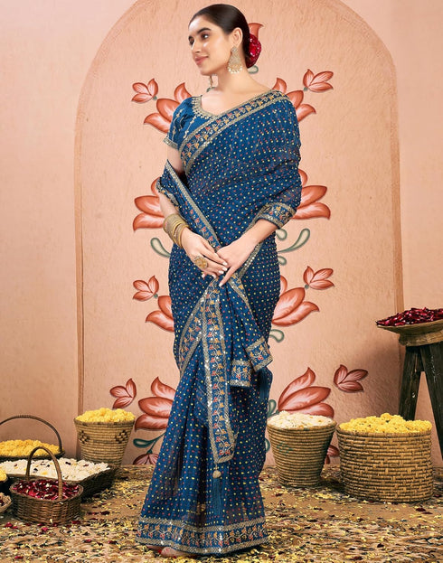 Vasthrlay Bandhani Embroidery Unstitched Rama Green Saree