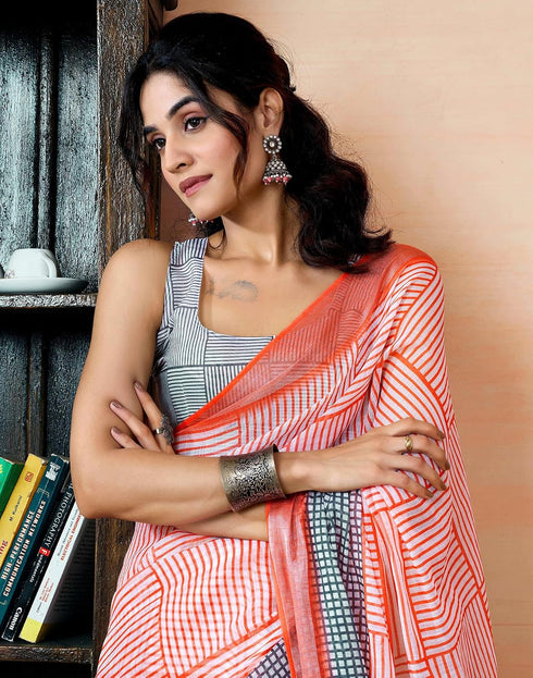 Vasthrlay Womens Printed Orange And White Saree With Unstitched Blouse Piece