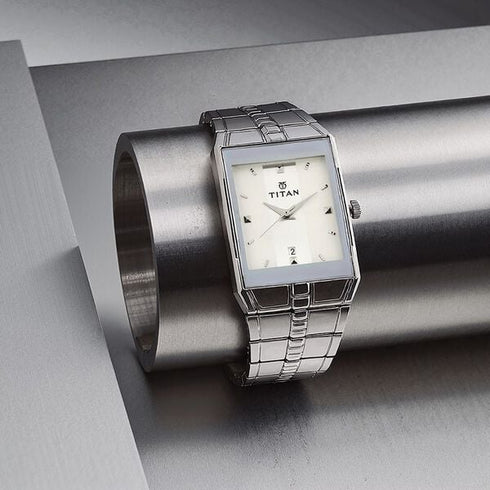 Titan Quartz Analog with Date Silver Dial Stainless Steel Strap Watch for Men