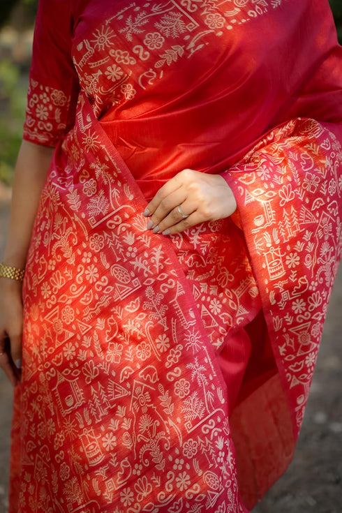 Vasthrlay Tussar Kalamkari Geometric Floral Design
