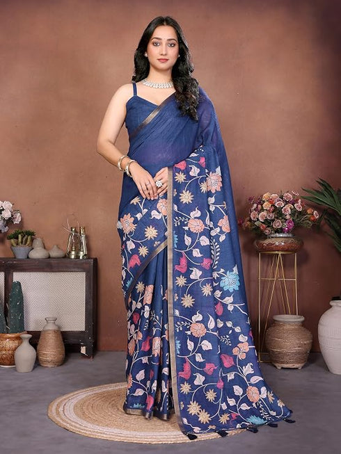Vasthrlay Blue Womens Kathakali Print Linen Saree With Gold Zari Border And Unstitched Blouse Piece