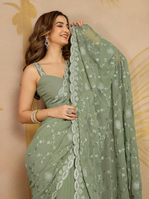Vasthrlay Geogette Embroidery Unstitched Lightgreen Ethnic Wear