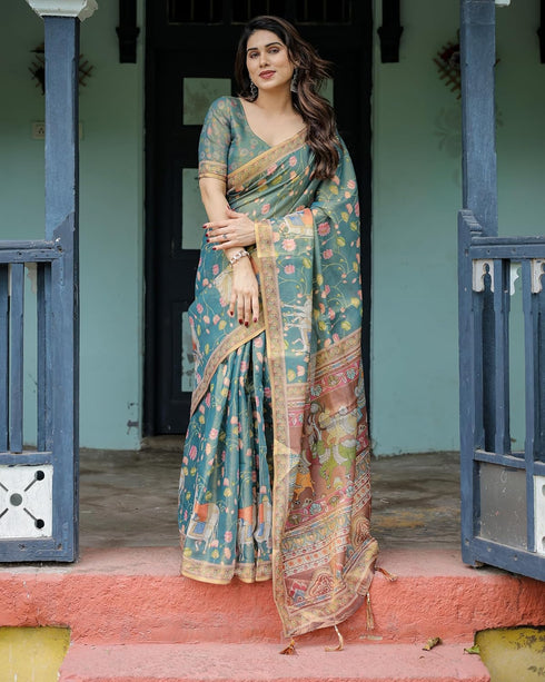 Vasthrlay Handloom Turquoise Traditional Saree