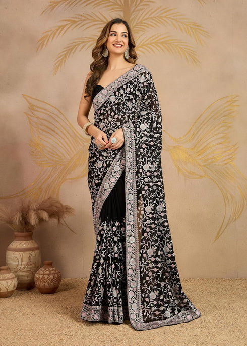 Vasthrlay Georgette Embroidery Unstitched Black Ethnic Wear