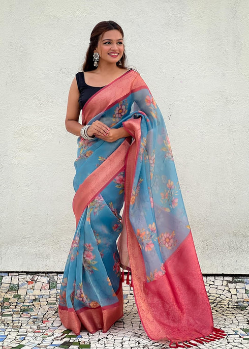 Vasthrlay Kanjivaram Organza Kalamkari Cream Purple Ethnic Wear