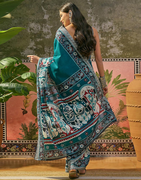 Vasthrlay Womens Printed Teal Blue | Multi Saree With Unstitched Blouse Piece