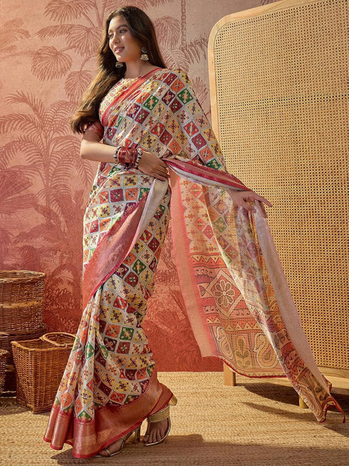 Vasthrlay Printed Jacquard Unstitched Dusty Pink Saree