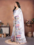 Vasthrlay White 3 Floral Printed Design Linen Saree With Solid Unstitched Linen Blouse Piece