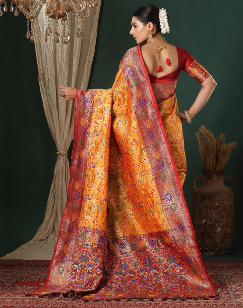 Vasthrlay Womens Banarasi Yellow Saree With Red Unstitched Blouse Piece