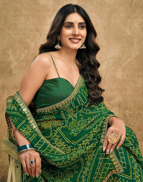Vasthrlay Georgette Bandhani Dark Green Saree With Unstitched Blouse Piece