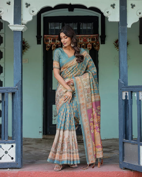 Vasthrlay Handloom Turquoise Paisley Saree