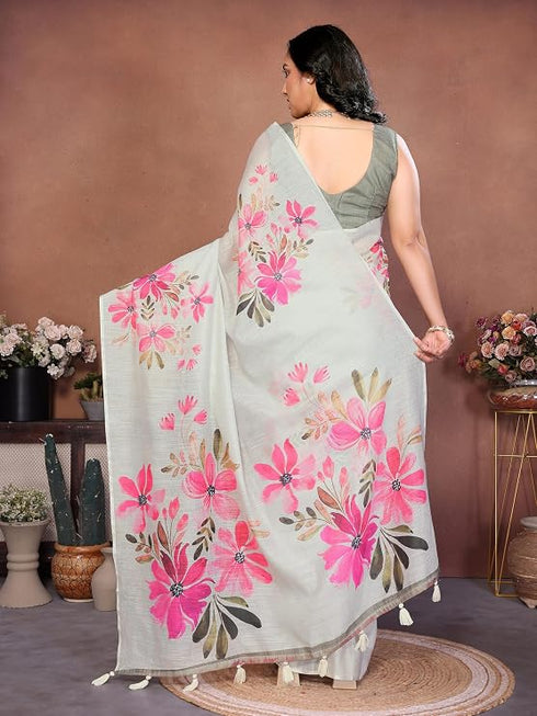 Vasthrlay Off White Digital Print Linen Ready To Wear Saree
