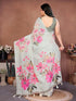 Vasthrlay Off White Digital Print Linen Ready To Wear Saree
