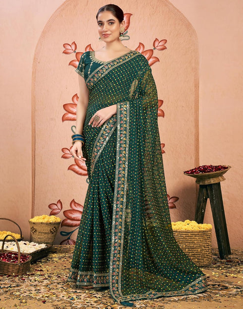 Vasthrlay Bandhani Embroidery Unstitched Rama Green Saree