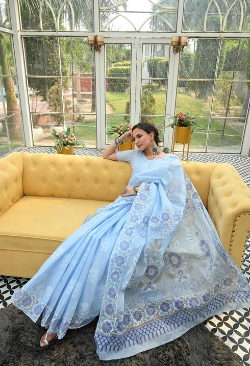 Vasthrlay Cotton Printed Mulmul Blue Saree