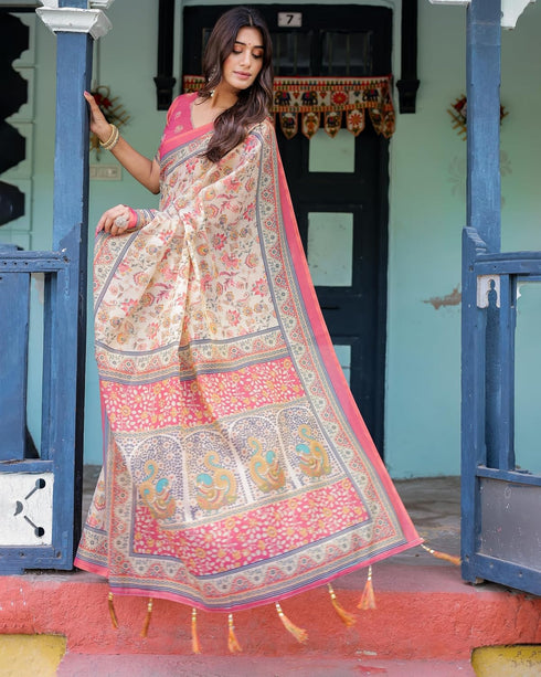 Vasthrlay Handloom Printed Tassels Saree