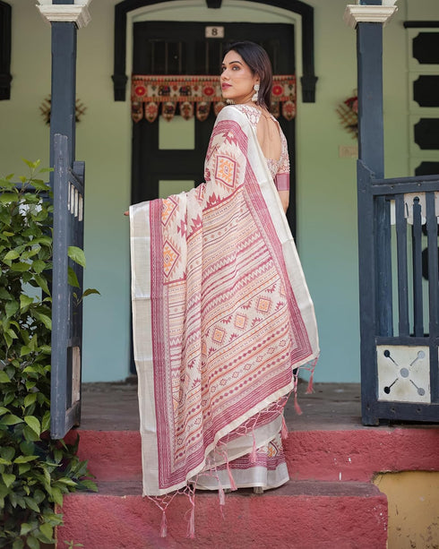 Vasthrlay Handwoven Printed Tasselled Saree