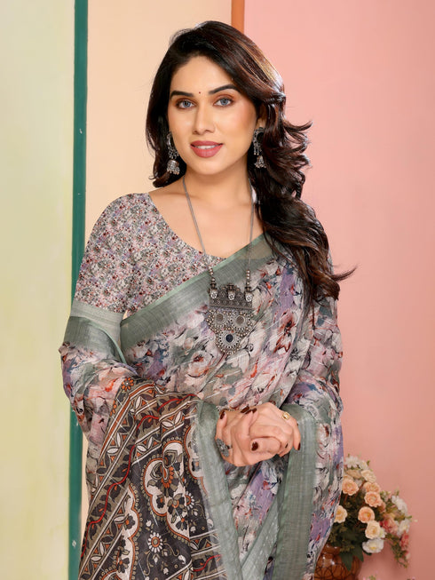 Vasthrlay Brown Printed Unstitched Saree