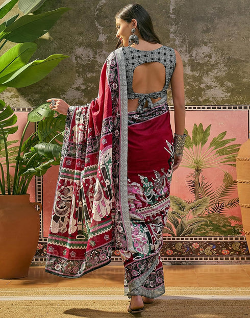 Vasthrlay Womens Printed Maroon | Multi Saree With Unstitched Blouse Piece