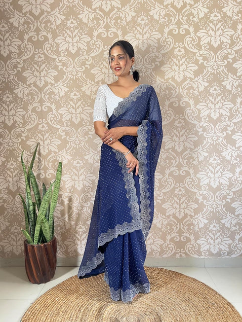 Vasthrlay Georgette Embellishments Scalloped Traditional