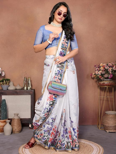 Vasthrlay White 3 Floral Printed Design Linen Saree With Solid Unstitched Linen Blouse Piece
