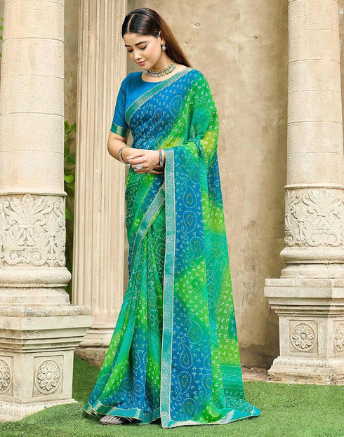 Vasthrlay Chiffon Bandhani Printed Blue Green Saree With Unstitched Blouse