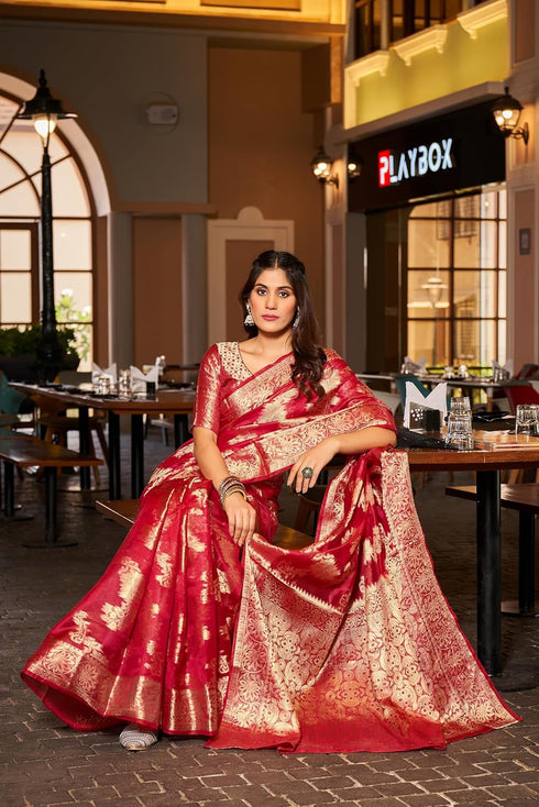 Vasthrlay Organza Patola Unstitched Blouse Saree