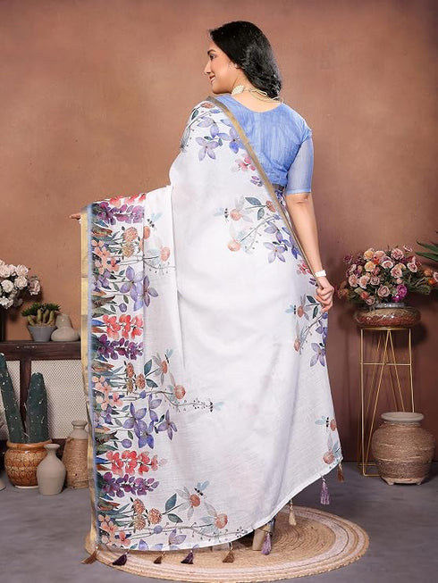 Vasthrlay White1 Womens Linen Ready To Wear Saree
