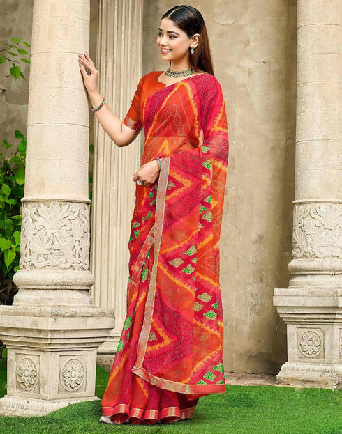 Vasthrlay Chiffon Bandhani Dark Orange Saree With Unstitched Blouse Piece