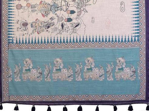 Vasthrlay Cream Floral Printed Design Linen Saree With Solid Unstitched Linen Blouse Piece