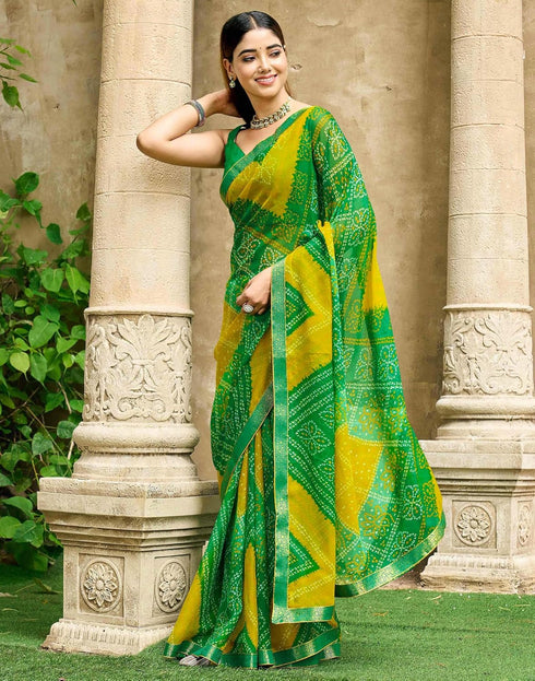 Vasthrlay Chiffon Bandhani Unstitched Green Saree