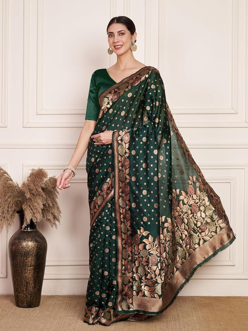 Vasthrlay Kanjeevaram Silk Unstitched Green Bottle Ethnic Wear