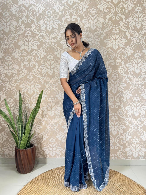 Vasthrlay Georgette Embellishments Scalloped Traditional