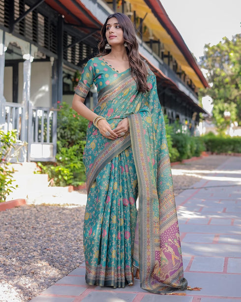 Vasthrlay Handloom Turquoise Traditional Saree