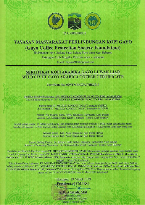 Wallacea Coffee Wild Kopi Luwak Civet Whole Bean Coffee 250g