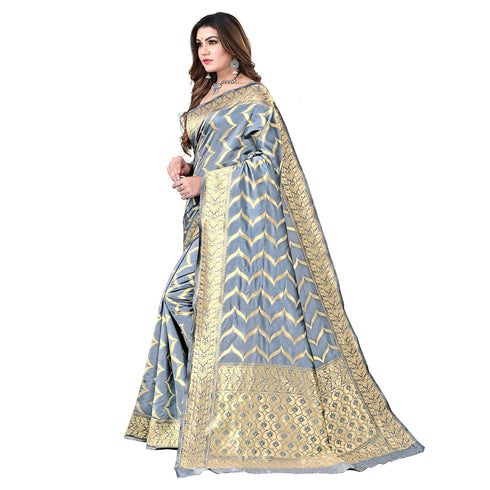 Vasthrlay Grey Kanjivaram Unstitched Saree
