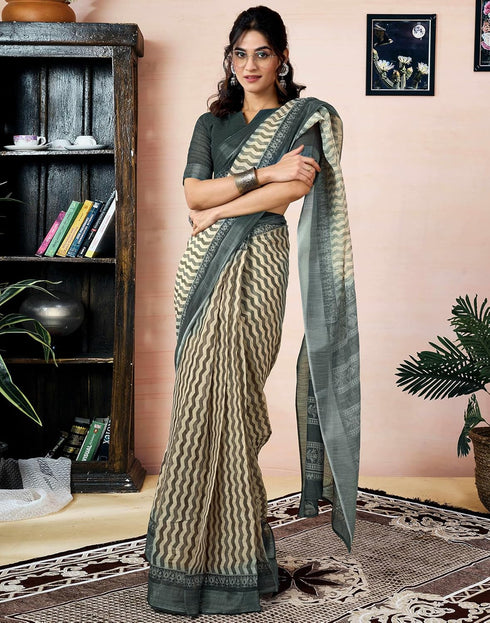 Vasthrlay Womens Printed Unstitched Dark Green Saree