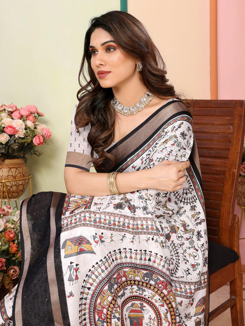Vasthrlay White Sequins Unstitched Saree