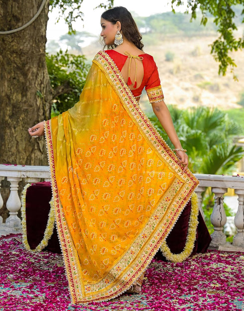 Vasthrlay Bandhani Embroidery Unstitched Pink Saree