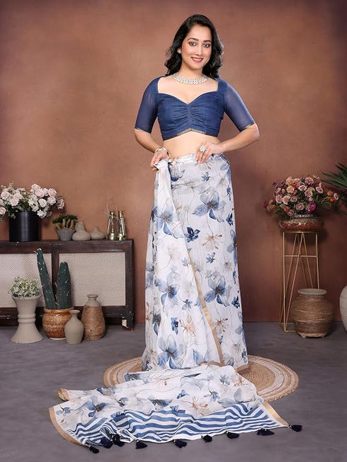 Vasthrlay White2 Womens Linen Ready To Wear Saree