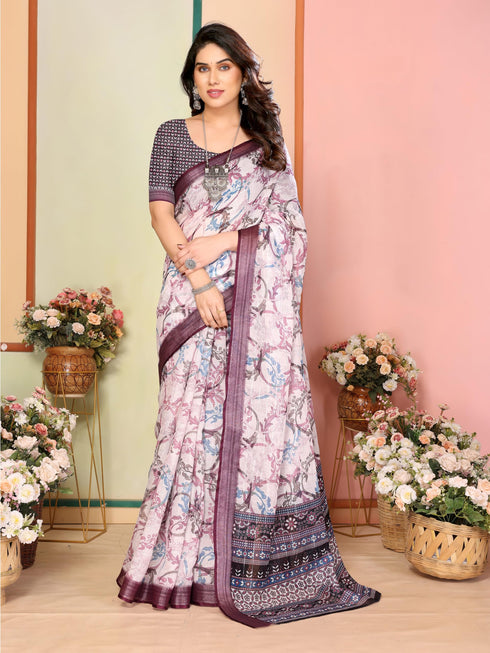 Vasthrlay Brown Printed Unstitched Saree