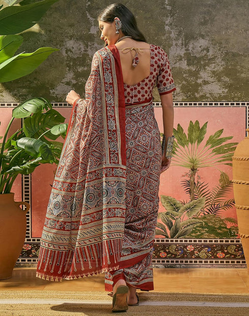 Vasthrlay Womens Printed Unstitched Maroon Saree