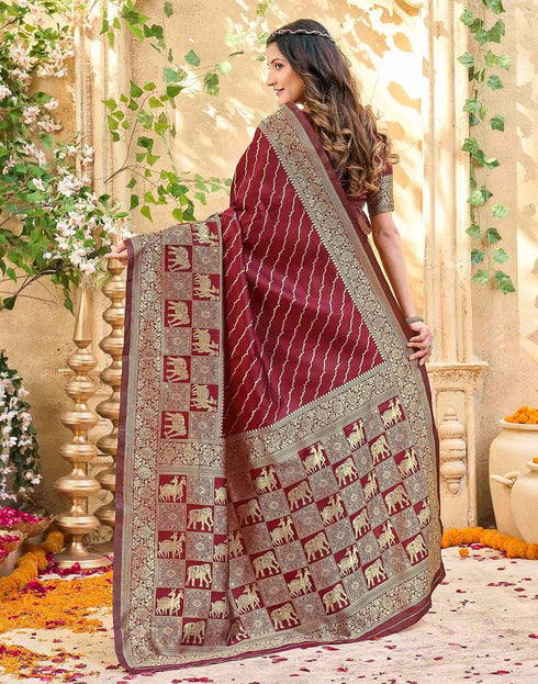 Vasthrlay Womens Weaving Maroon | Golden Saree With Unstitched Blouse Piece